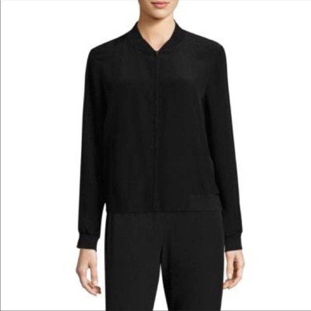 EILEEN FISHER-Black Mandarin Collar Silk Blend Minimalist Blazer Jacket-Size XS